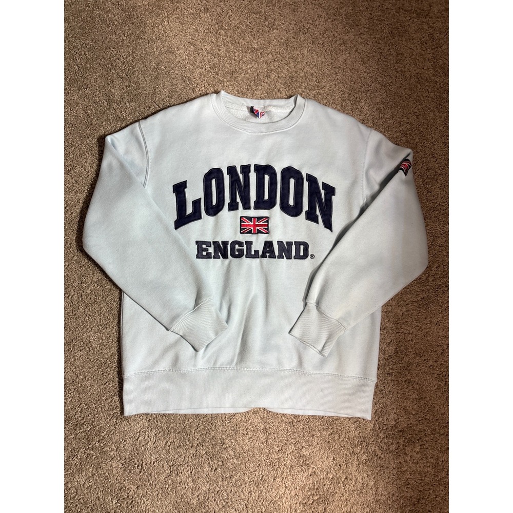 London England Souvenir Sweatshirt Light Blue Crewneck Embroidered Union size M
